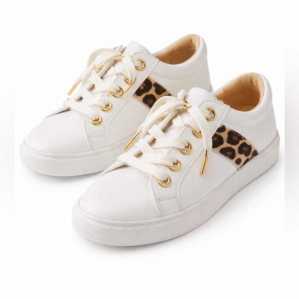 Lilly Pulitzer Lux Hallie White Leather Sneakers Leopard & Gold Hardware 9.5